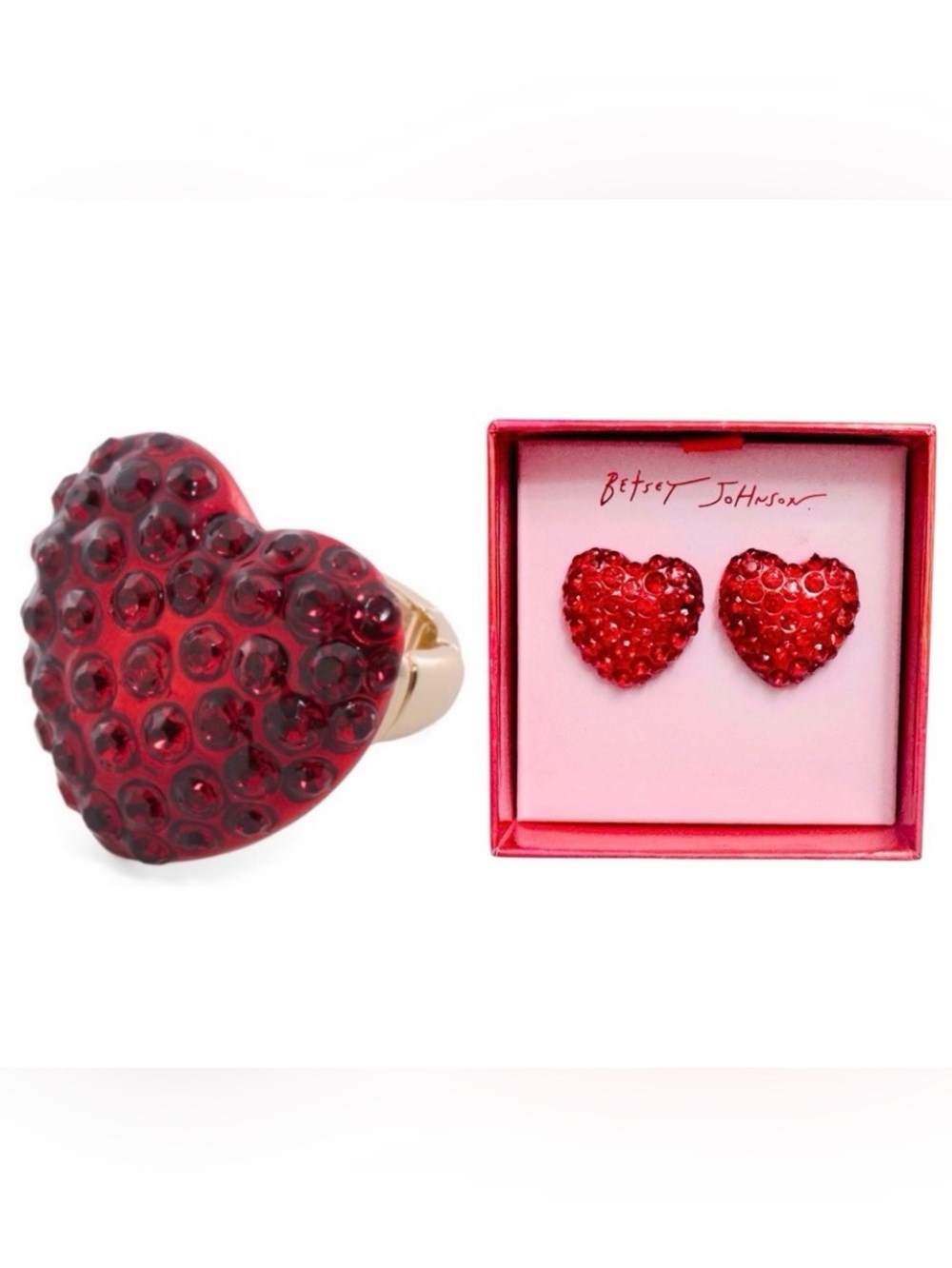 BETSEY JOHNSON SET Valentine Red Pavé Crystal Heart Stretch Ring & Earrings NWT